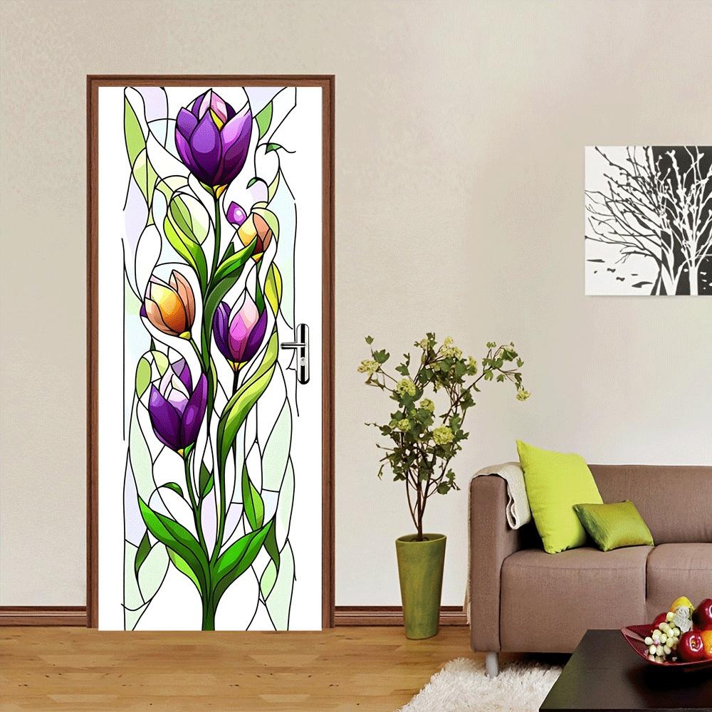 2pcs   Stained Glass Style Tulip Flower Wall Stickers for Home Decor Self Adhesive Removable Vinyl Decals for Living Room Bedroom Door Window Mural Art Decorations Purple Pink Green Floral Decor  C