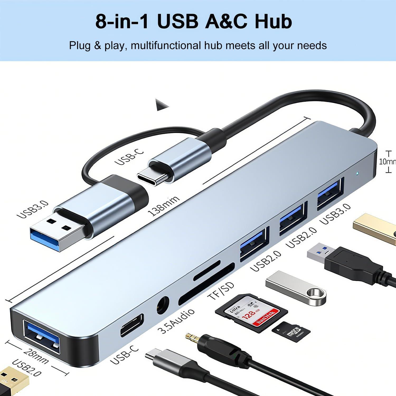 8-in-1 USB C Hub Multi-Port USB Adapter with 4 USB 3.0 Ports, SD/TF Card Reader, 3.5mm Audio Jack, Compatible with MacBook, Computer Accessories