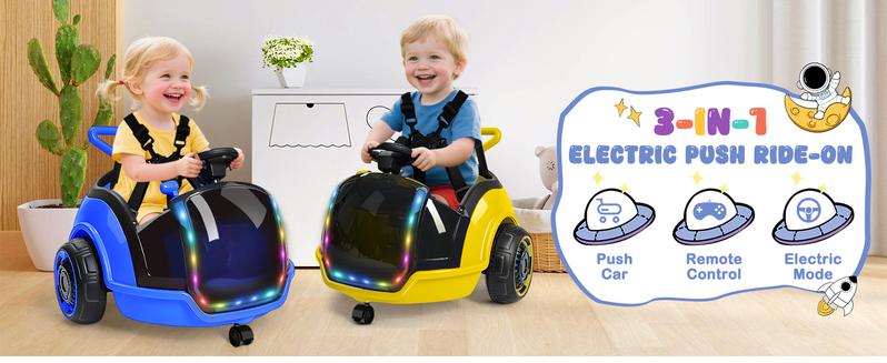 ANPABO 3-in-1 Electric Push Ride On Car, 12V Kids Ride On Toy w/Remote Control, 360° Spin, 5-Point Safety Belt, Colorful LED Light, Music Player, Push Car for Toddler