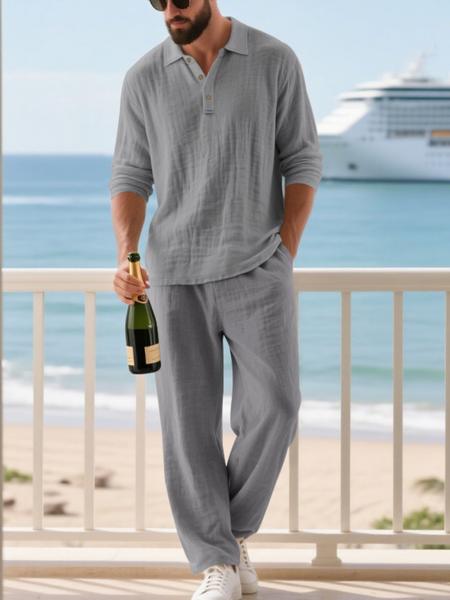 Men's Linen Polo Shirt & Pants Set, Casual Loose-Fit Long Sleeve Top, Spring & Fall Woven Fabric for Daily Wear