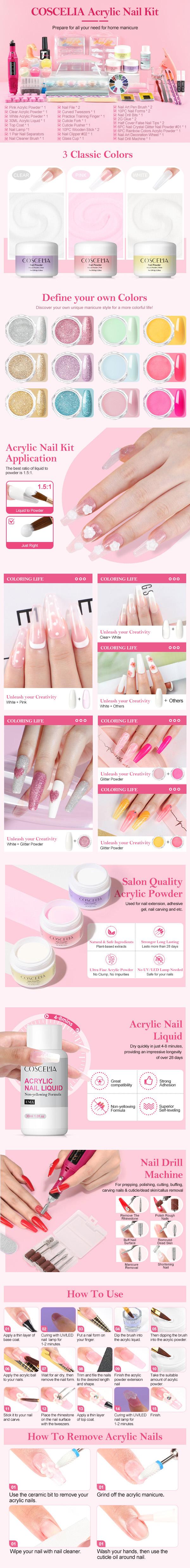 Acrylic Nail Kit for Beginners with Drill, U V Light, Professional Acrylic Powder Glitter, Rhinestones, and Nail Starter Kit for Women