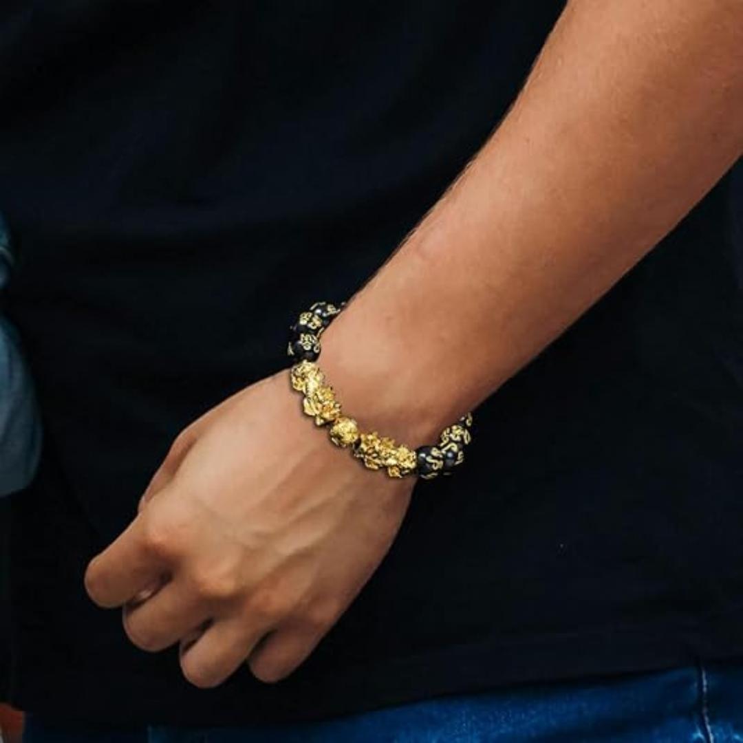 12Mm Obsidian Golden Pixiu Chinese Style Six-Character Mantra Round Bead Stretch Good Luck Large String Round Bead Stretch Wealth Bracelet Jewelry, Ethnic Style Toy Men'S Wealth Stone Bracelet, Spring Festival Gift, New Year Gift