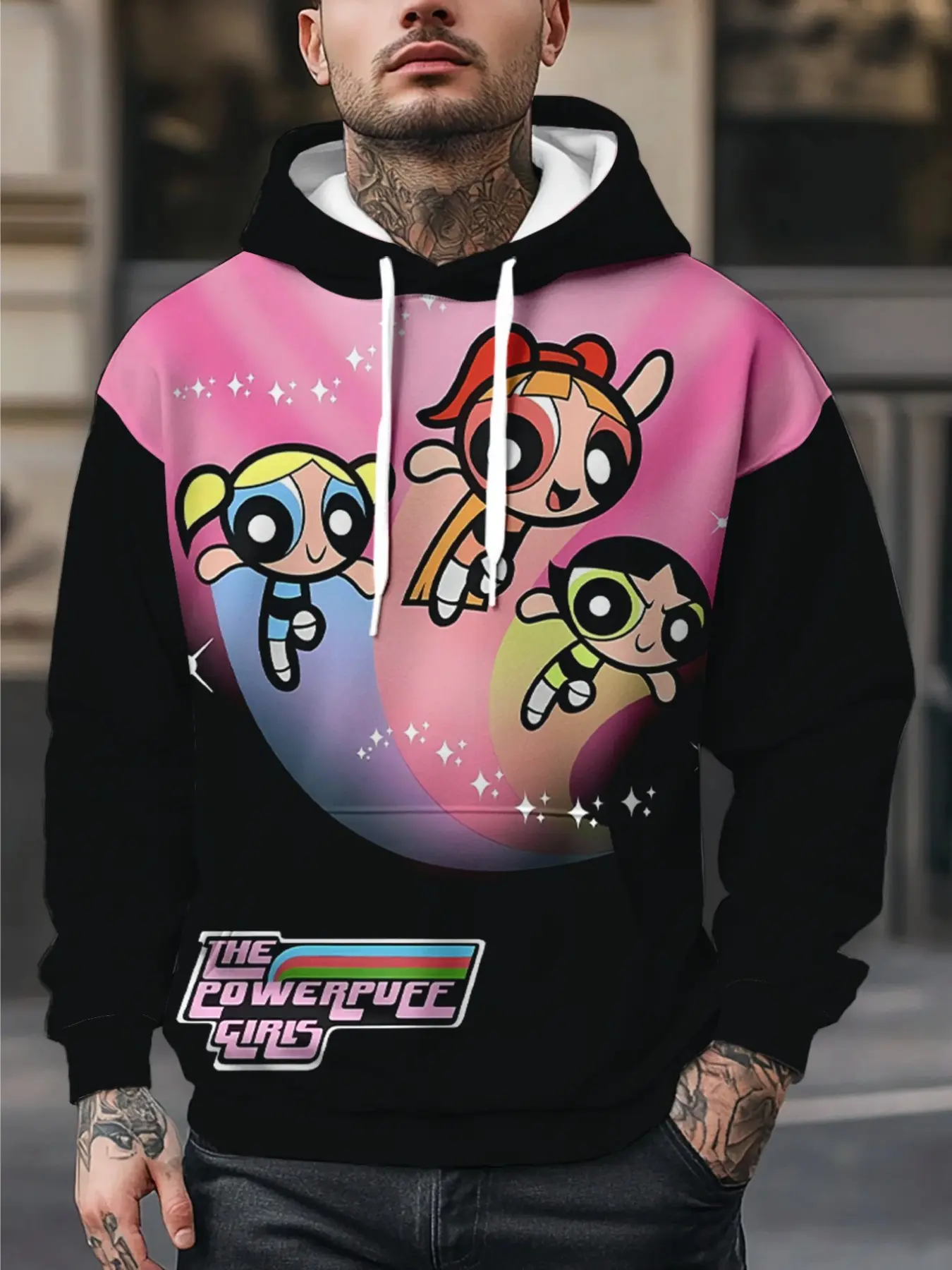 Men's Innovative Hoodie, 3D Powerpuff Girls Print, Casual Sports, Fall & Winter, Fitted, All over Print, Comfortable Daily Wear