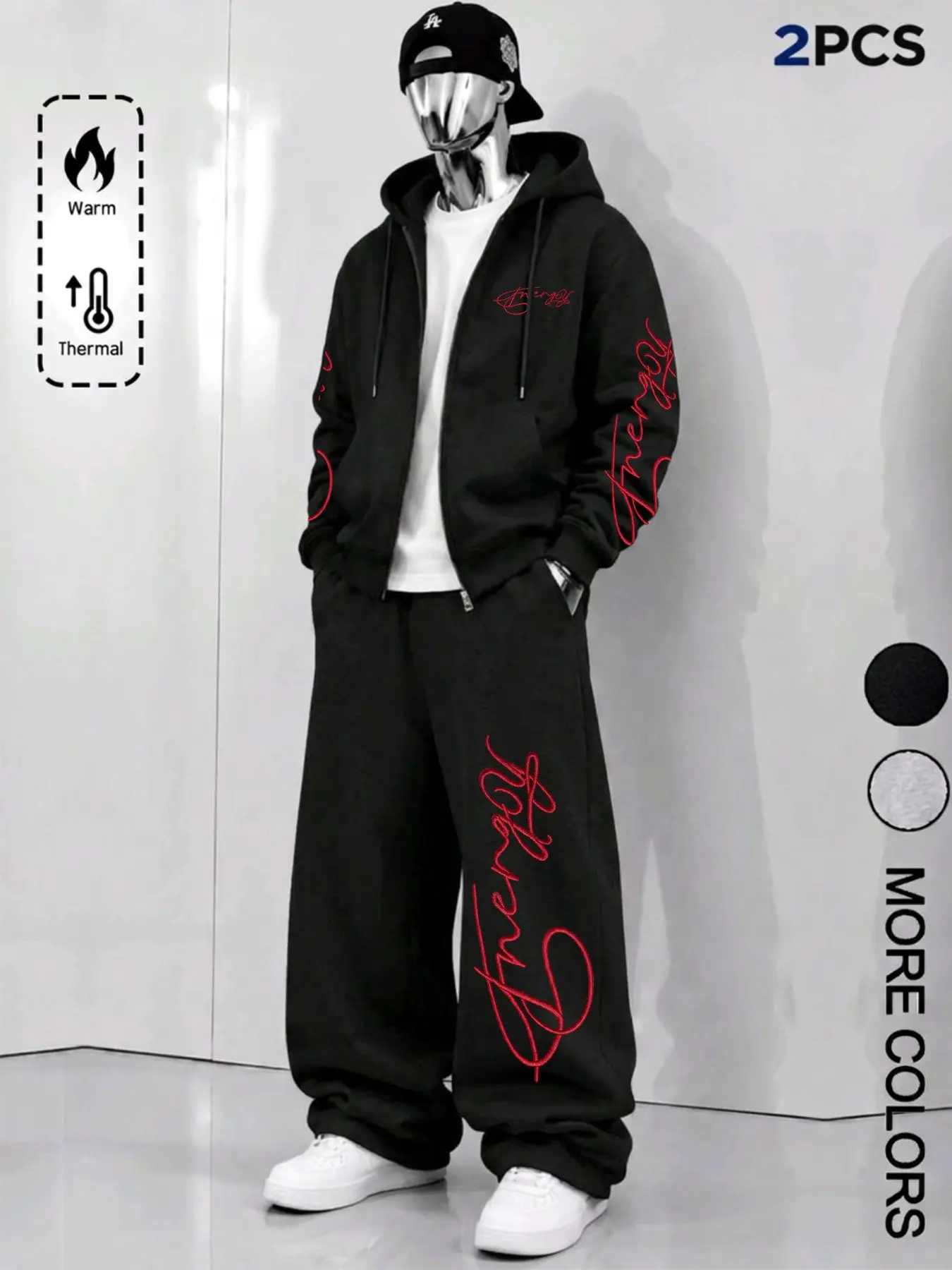 Men's Two-Piece Warm Fleece Sports Set, Zipper Hoodie with Script Embroidery, Loose-Fit Sweatpants, Y2K Street Style, Fall Daily Wear