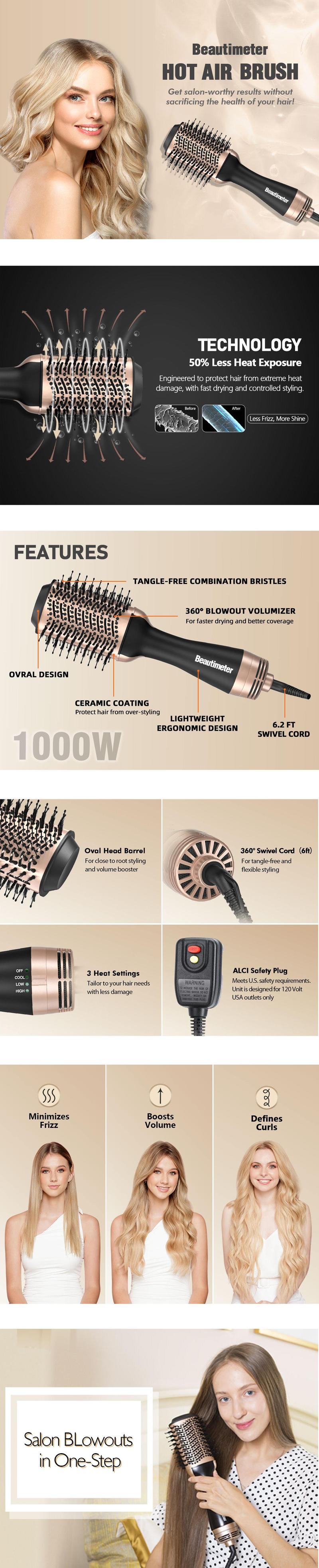 3-in-1 Hot Air Brush, Hair Dryer & Volumizer, Negative Ionic Hair Styler for Straightening and Curling, 1000W Power, Achieve Salon-Quality Styles at Home