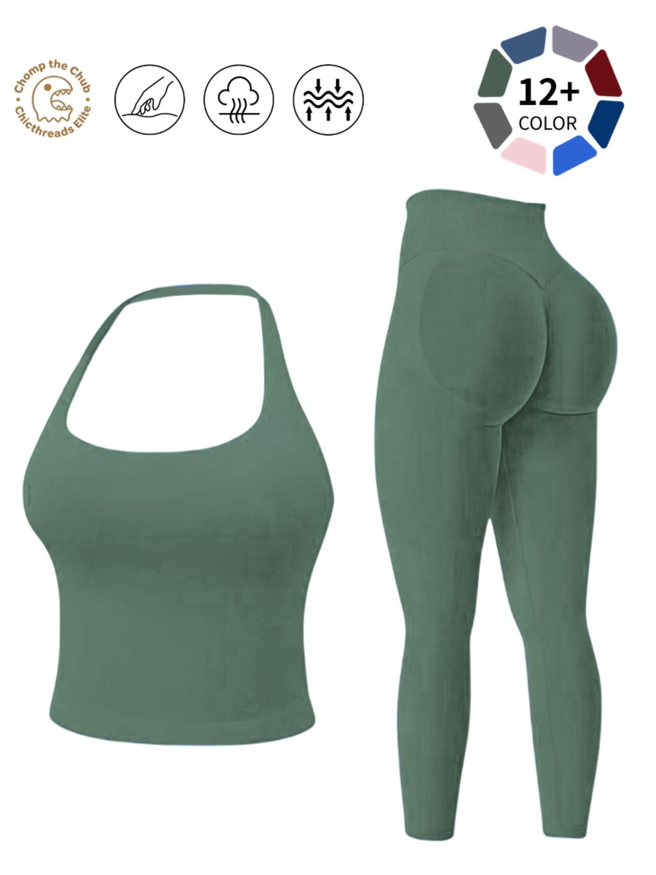 Halter Neck Backless Yoga Set - 12+ Colors, Seamless 2-Piece Workout Outfit with Butt Lifting Leggings, Buttery Soft & Squat-Proof for Gym, Yoga & Everyday Wear, Backless Gym Clothes, Workout Sets, Seamless Sport Clothing