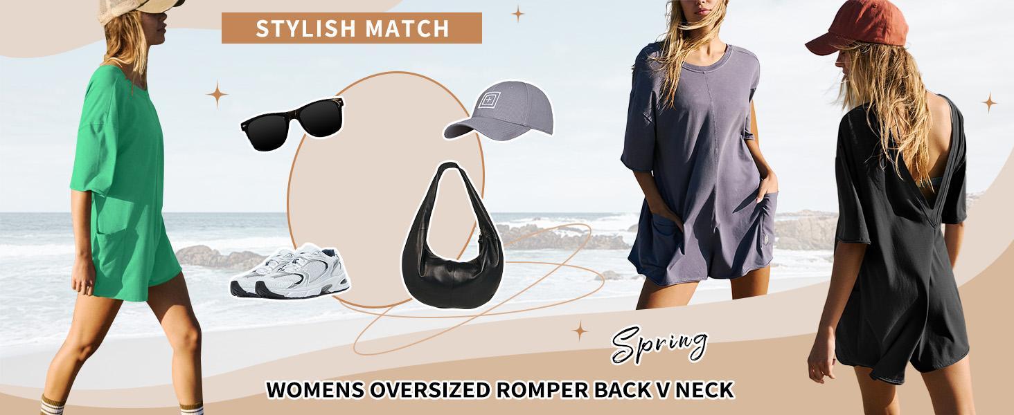 SCUSTY Womens Short Sleeve Oversized Athletic Rompers Reversible Workout Overalls Hot Shot Tee Romper Onesie Activewear