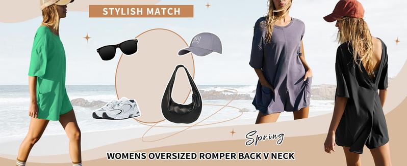 SCUSTY Womens Short Sleeve Oversized Athletic Rompers Reversible Workout Overalls Hot Shot Tee Romper Onesie Activewear