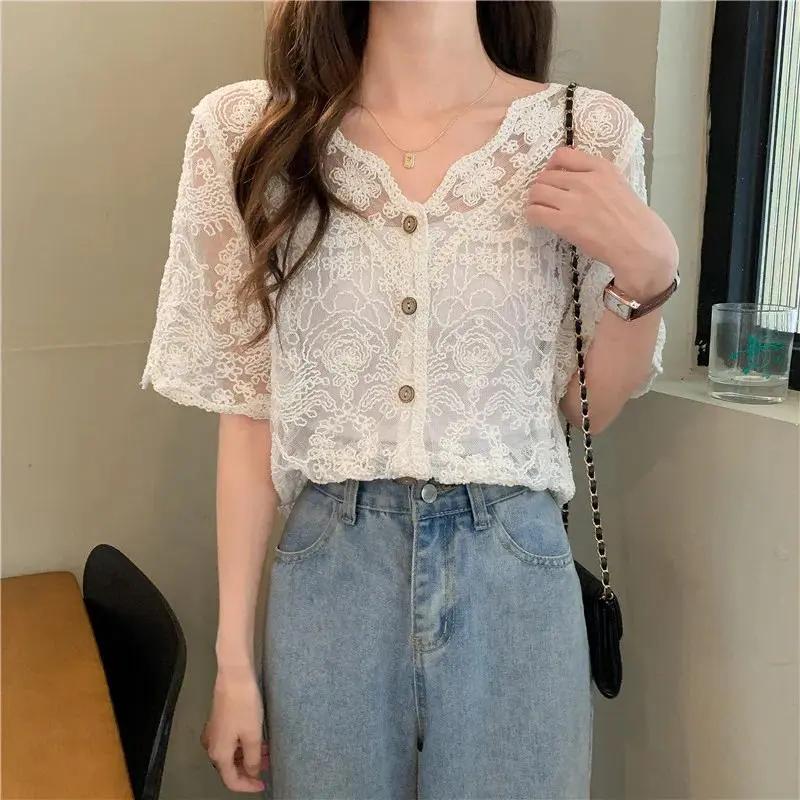 Sheer Crochet Top Short Sleeve Button Front V-Neck Open-knit Embroidery Lace Blouse Women Spring Summer Cottagecore Boho
