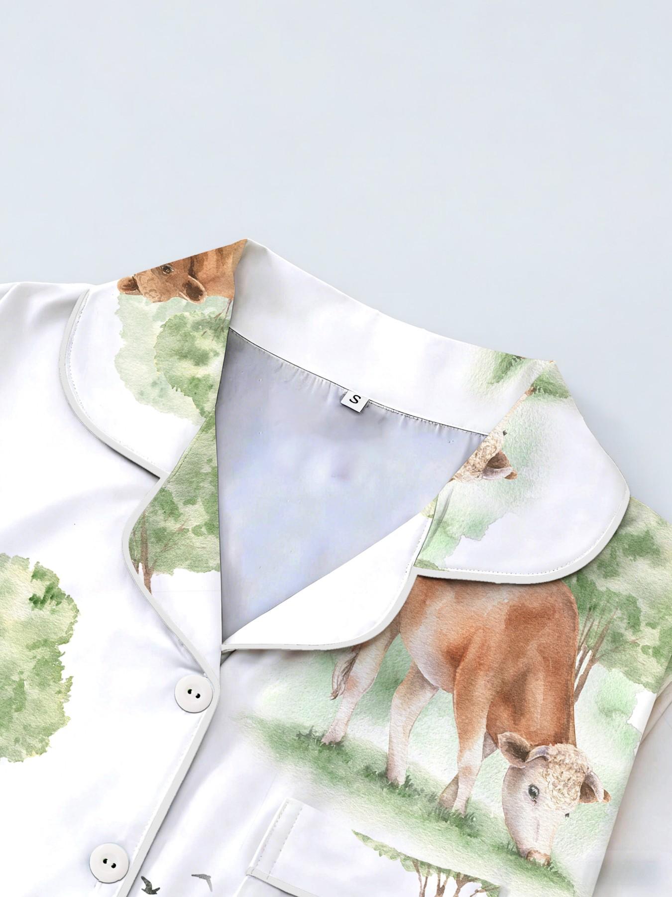 Women's Short Sleeve Button Down Top and Shorts Pajama Set, Spring Summer Wear, For Country Style Lovers, White Base Vintage Farm Print, Classic Lapel Collar, Loose Fit, Comfortable For Home & Gatherings