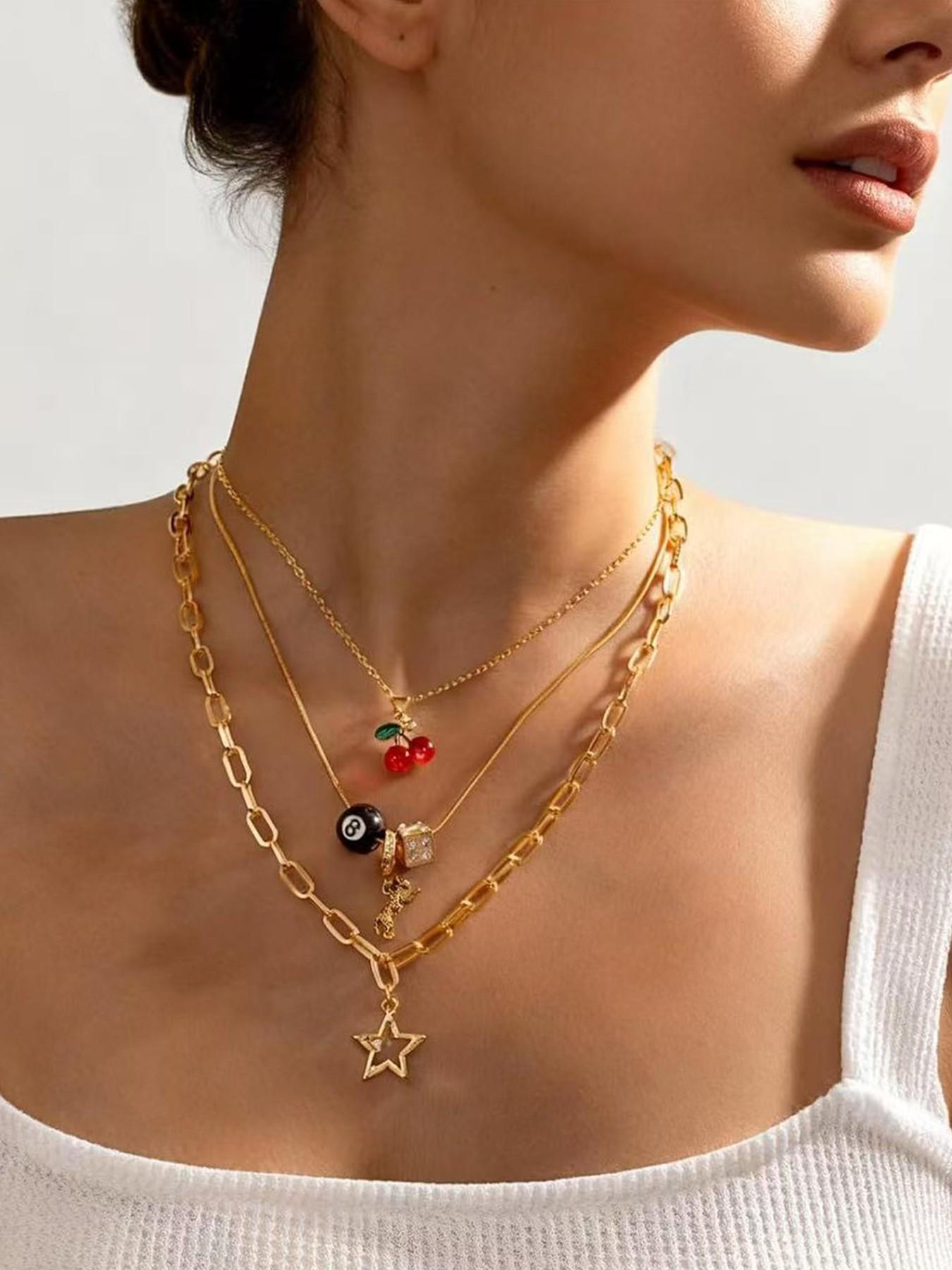 Y2K Necklaces Jewelry Gold Cherry Necklaces for Women Chunky Charm Streetwear Star 8 Ball Stackable Leopard Cheetah Dice Layered Gold Dainty Statement Chain Choker Trendy Birthday Jewelry Gifts