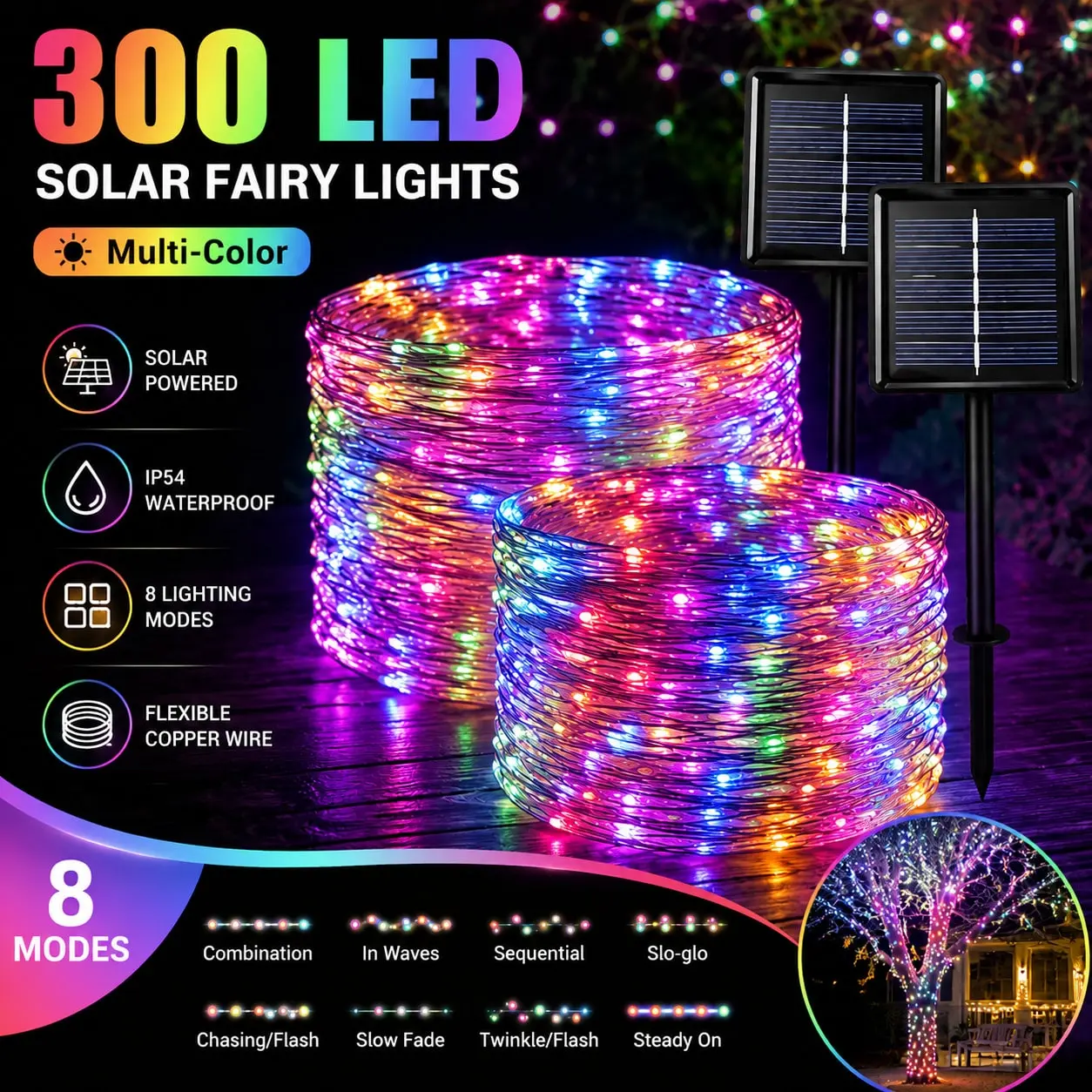 Outdoor Solar Lights with 100-300 Colorful LEDs, Flexible Copper Wire String Lights, 8 Multiple Modes, Waterproof Garden Decor for Patio Fence, Tree, Wedding Decor