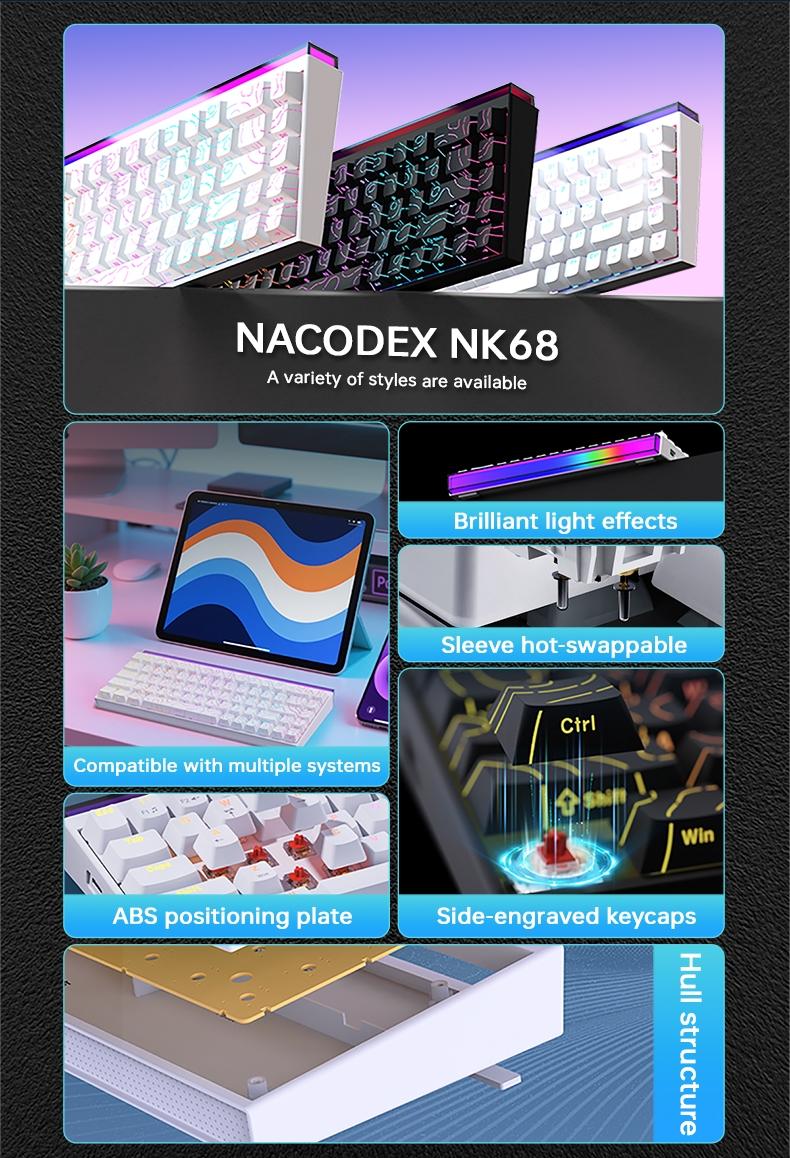 AJAZZ Mini 65% Gaming Mechanical Keyboard Red Switch 68 Key Compact Wired Office Keyboard NK68 Colorful Light Effect Ergonomic Mechanical Sense Office Artifact DIY Plug and Play Support Multiple Systems Suitable for Games, Mechanical Backlit Keyboard