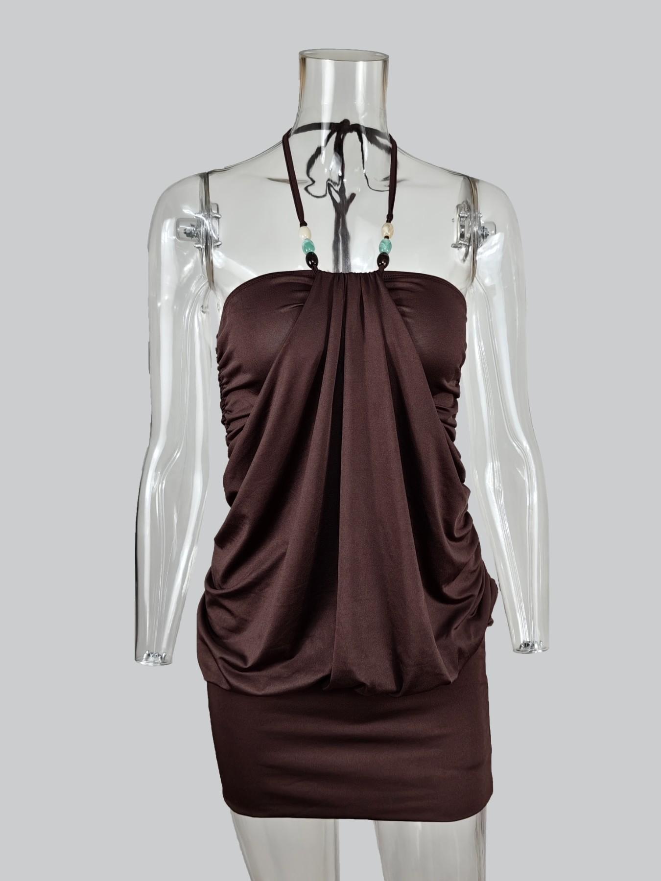 Y2K Halter Dress for Women, Ruched Neckline Sleeveless Waist Cinch Slimming Bodycon Short Dress, Sexy Backless Party Vacation Dress
