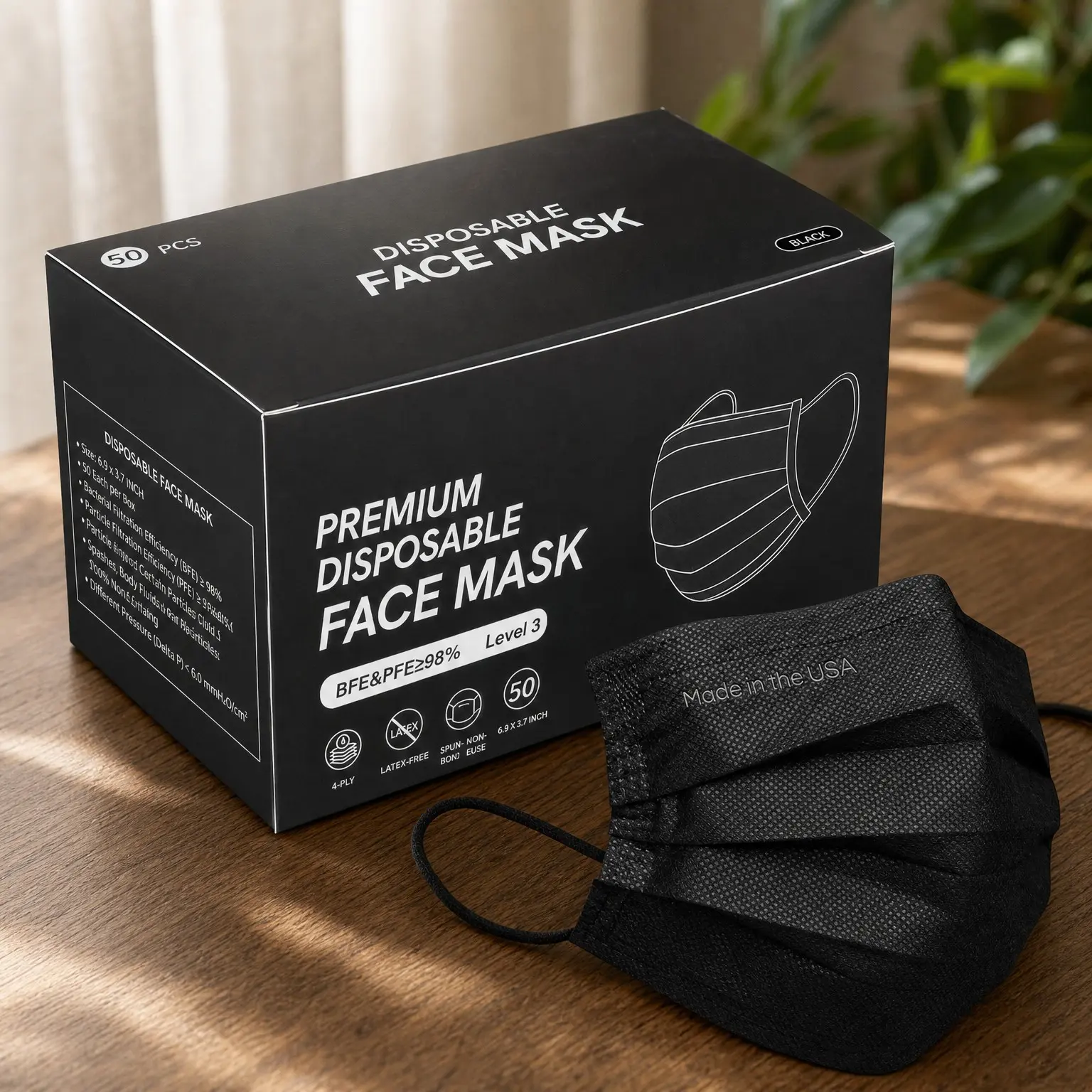 Made in USA Disposable Face Masks, 4-Ply ASTM Level 3 Medical Grade, Breathable & Comfortable for Office, School, Travel, Daily Work, Home & Outdoors, 50 Pack, BlackGift