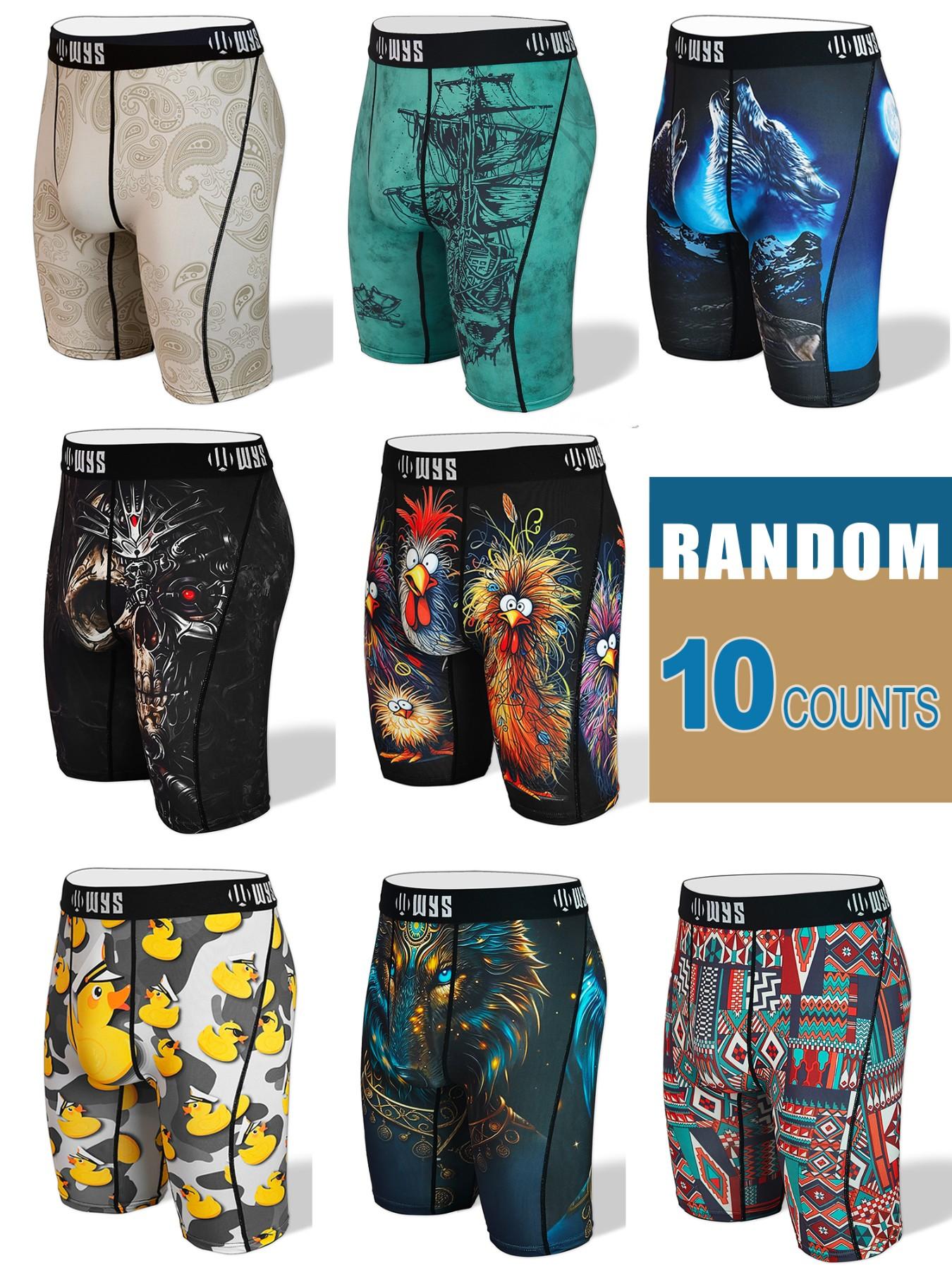 RANDOM 10PCS,Men's Long Athletic Stretchy Casual Boxer Briefs Set, Moisture-Wicking, Anti-Chafing, Quick-Dry, Halloween Skull Wolf Motorcycle Design Print, Comfortable Fit