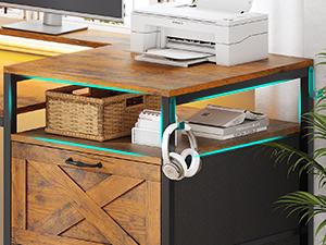 SEDETA 67" L Shaped Desk with Drawers, Computer Office Desk with Storage Shelves & Power Outlet, Reversible Gaming Desk with LED Lights for Home Office