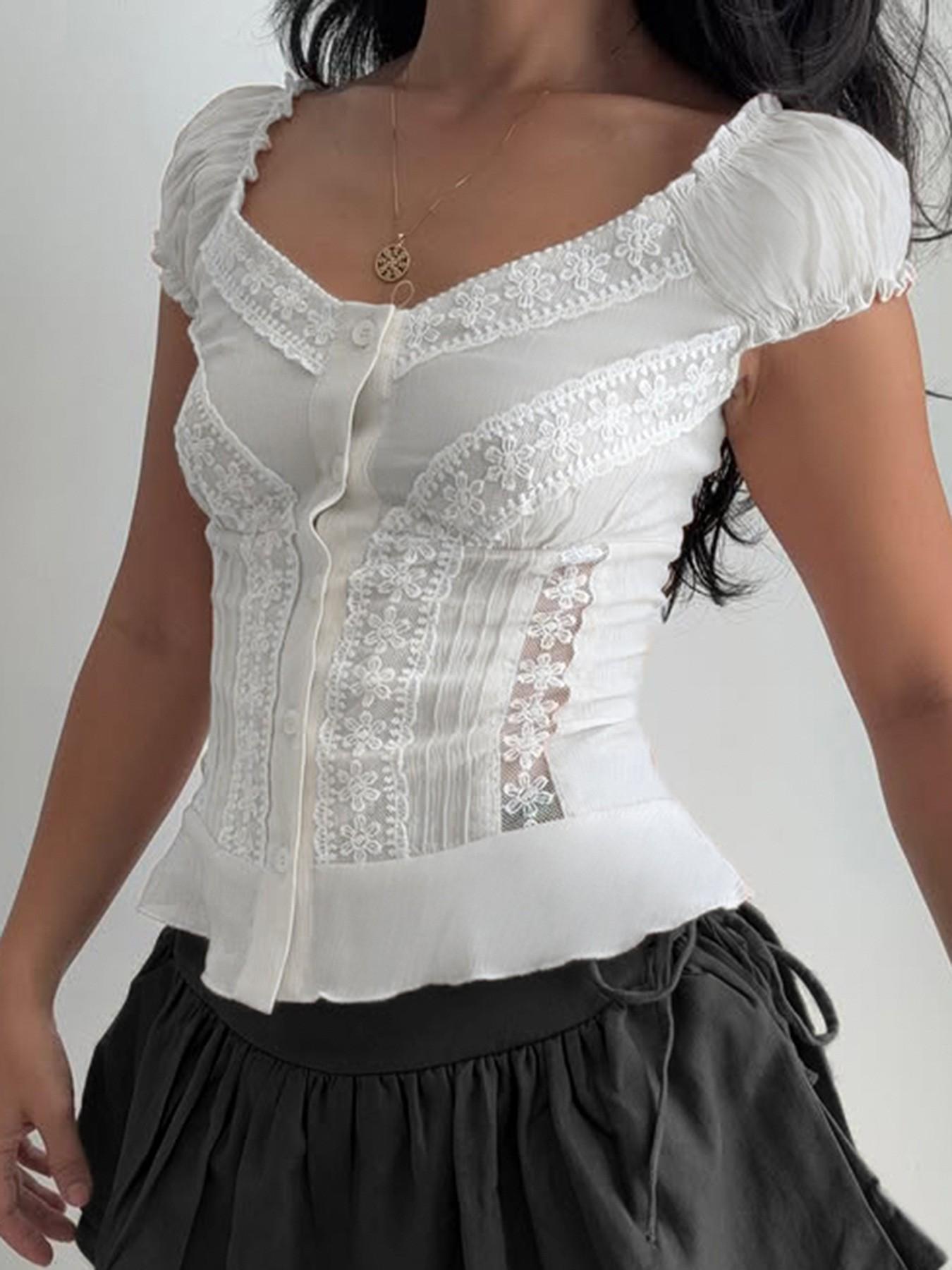 Women's Plain Contrast Lace Frill Trim Casual Button Front Blouse, Sweet Fashion Puff Sleeve Top for Summer, Women's Clothing for Daily Wear