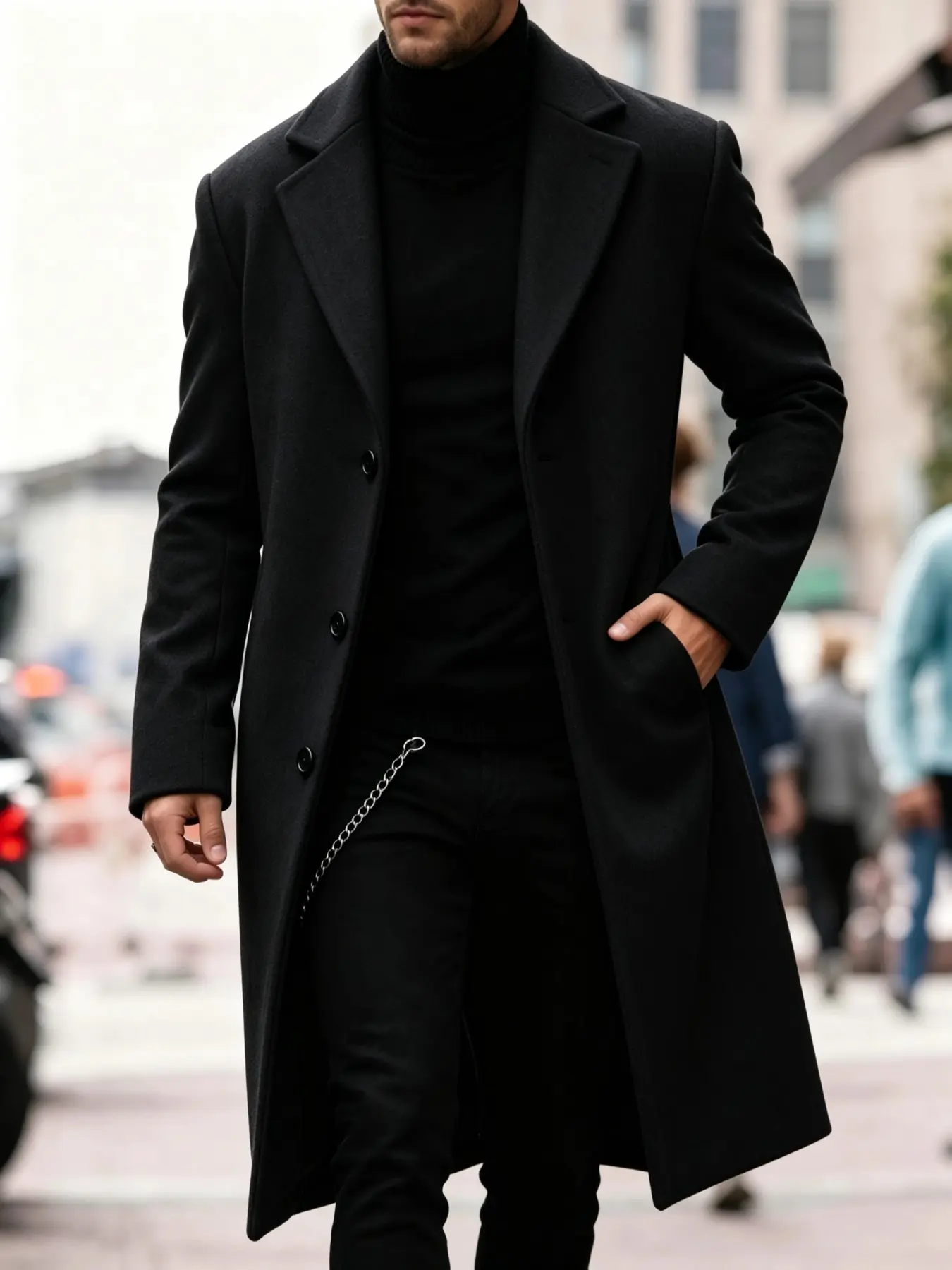Men's Long Over-Knee Fashion Coat, Trendy Outdoor Casual Long Sleeve Jacket, Single Button Slim Fit Solid Color Woolen Blazer, Perfect for Parties and Dates