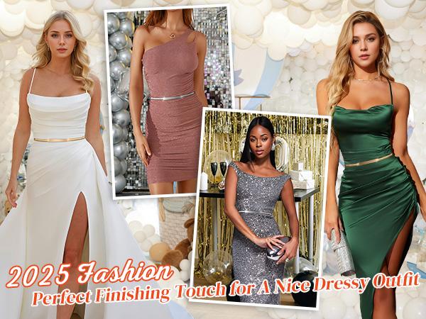 JASGOOD Women Skinny Metal Waist Belt Gold Waistband Elastic Metal Chain Waist Belt for Dress