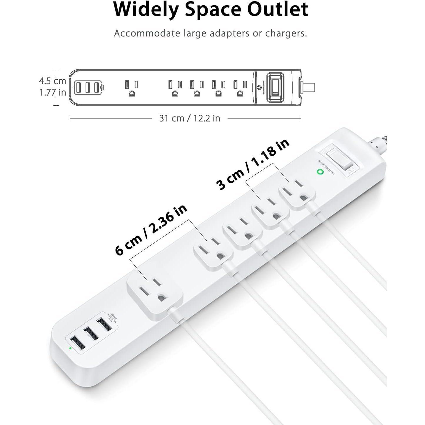 2 Pack Power Strip Surge Protector - 5 Widely Spaced Outlets 3 USB  Ports, 1875W/15A with 5Ft Braided Extension Cord, Flat Plug, Overload Surge Protection, Wall Mount for  Office,White