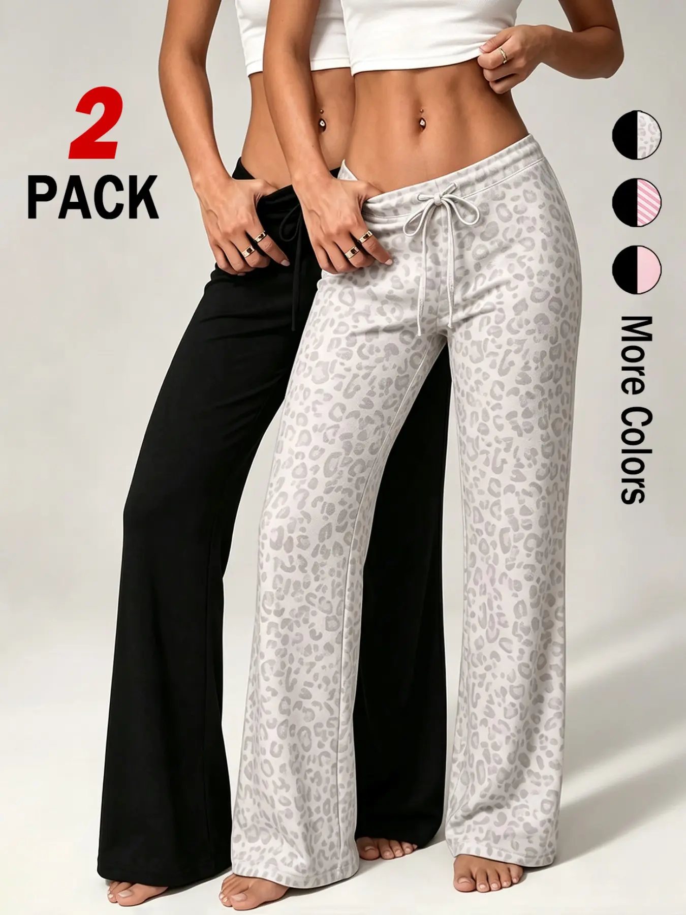 Women 2 Pack Drawstring Flare Pants 🐆 | Leopard Print & Solid Color, Soft Stretchy High Waist Bootcut Sweatpants, Casual Loungewear Trousers
