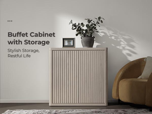 SICOTAS Buffet Cabinet with Storage Sideboard, 34.6" x 15.4" x 34.2" Size Accent Modern Credenza with Doors & Shelves Fluted Media Console Wood Mid Century Coffee Bar Table for Living Room Kitchen Dining Room Hallway, Durable