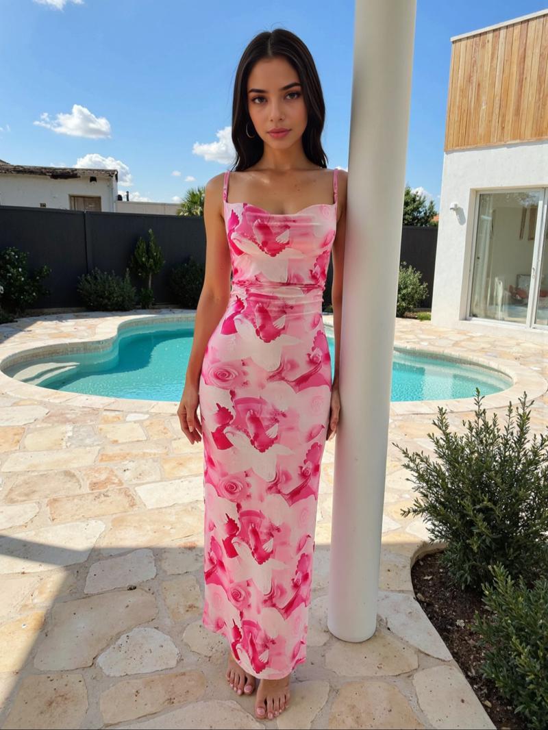 Women's Floral Print Lace Up Bodycon Cami Dress, Elegant Dresses, Adjustable Ruched Sleeveless Long Dress Ladies Clothes for Vacation Holiday Wedding Guest