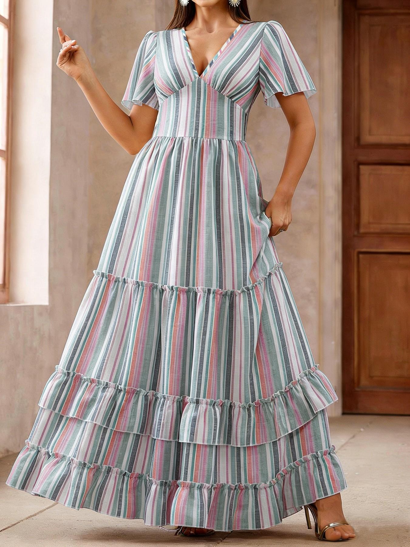 Summer Striped Dress, Layered Cake Dress, V Neck Long Dress, Bell Sleeve, a Line, Ruffle, Elegant, Casual, Retro, Vacation, Commute, Travel