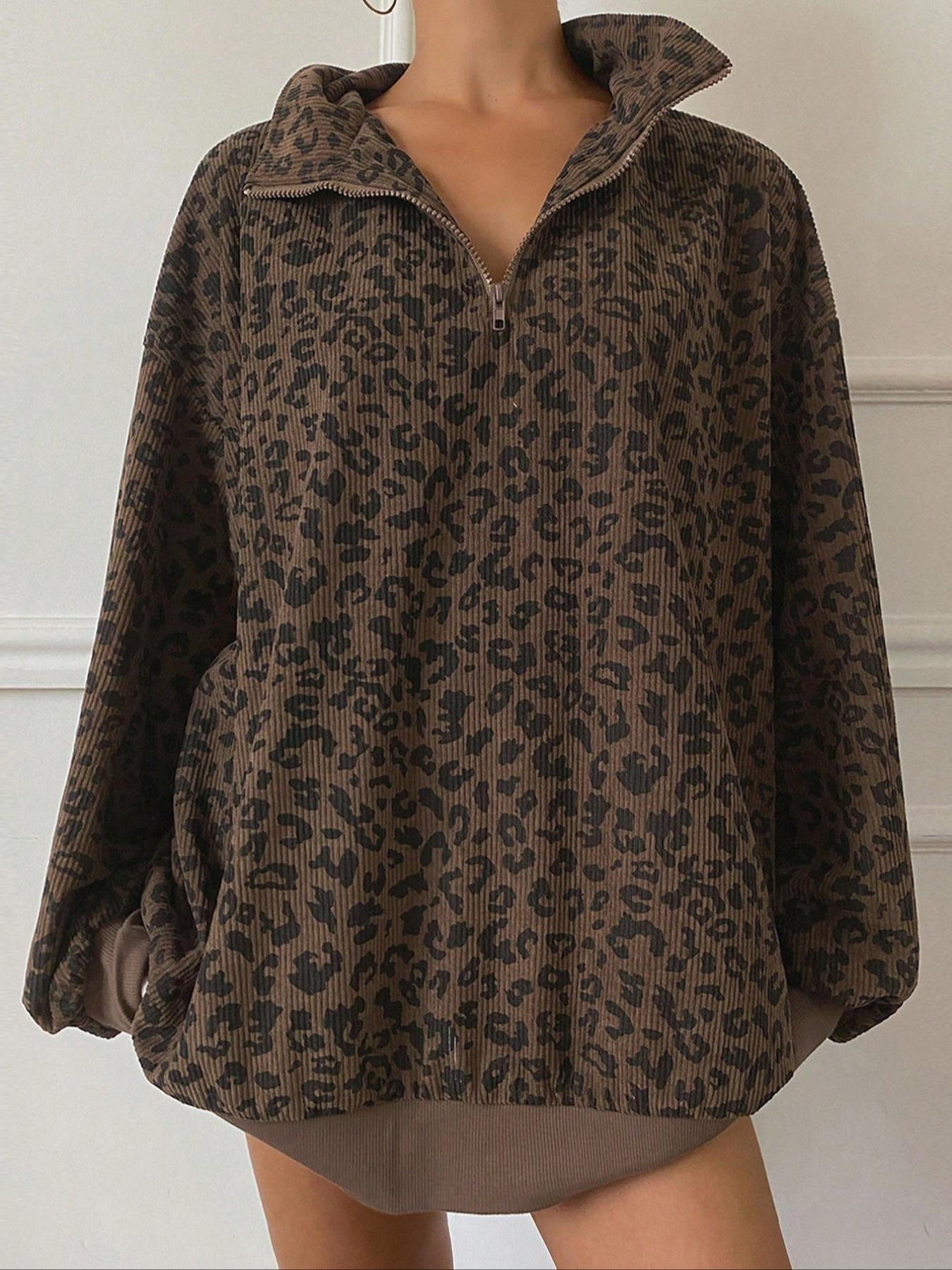 Women’s Plus-Size Fashion Leopard Print Zip-Up Long Sleeve Loose Fit Hoodie, Stylish Casual Winter Sweatshirt for Everyday Wear, Womenswear