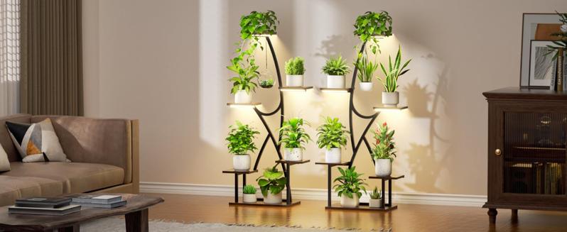 2 Pack 45" Tall 12 Tiered Plant Stand with Grow Lights for Indoor Plants - Corner Plant Shelf, Sturdy Iron Structure, Dimmable Full-Spectrum Lights, Easy Assembly, Perfect for Living Room & Patio Hanging Baskets