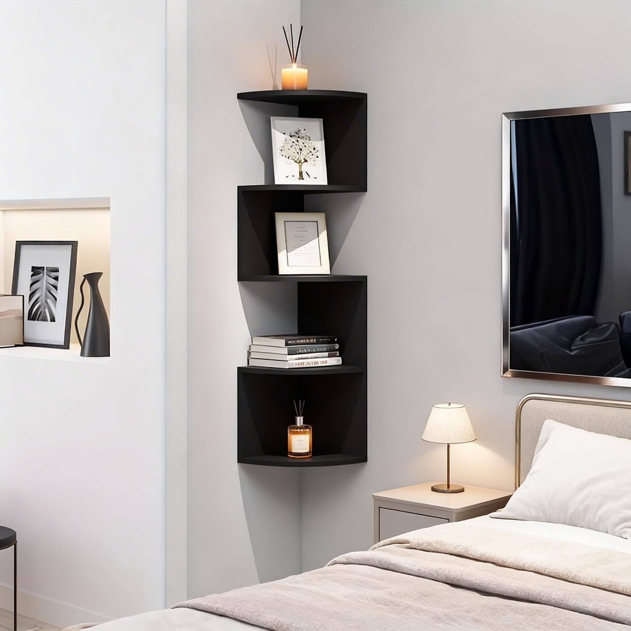 Five-Tier Floating Corner Bookshelf, Space-Saving Zigzag Plant Shelf for Bedroom Living Room Bathroom Home Office