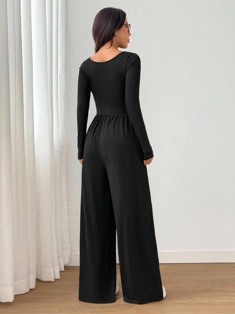 Women's Fall Winter Knitted Solid Color Wide Leg Jumpsuit, Fashionable High Waist Ruched Design, Versatile Casual