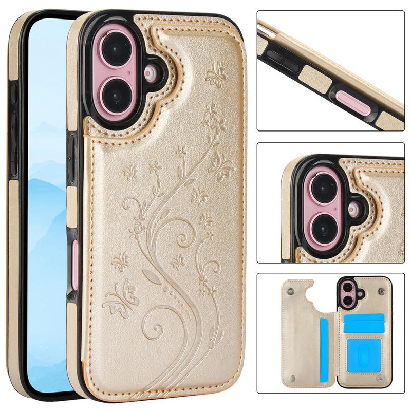 HISTORYOO Card Phone Case For iPhone 17 Pro Max Air 17 16 15 14 13 12 11 Pro Max 16 15 14 Plus/Pro Magnetic Clasp PU-Leather Wallet Card Holder Slot Stand Butterfly Flower Pattern Durable Shockproof Soft TPU Back Cover Rubber Case Autumn Winter Retro Gift