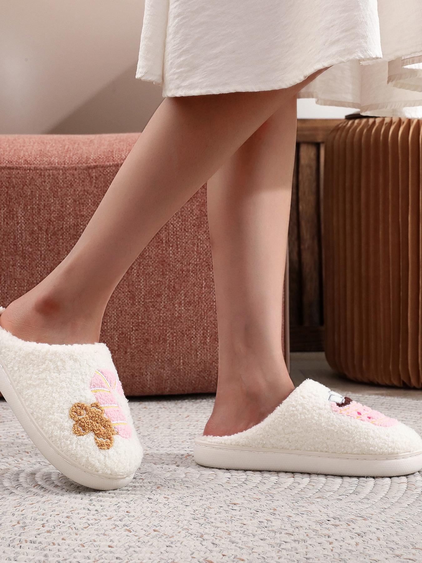 Christmas Plush Slippers, Embroidered Gingerbread Man Cane Cocoa Cup Design, Warm Indoor Outdoor Non-Slip Shoes for Fall Winter