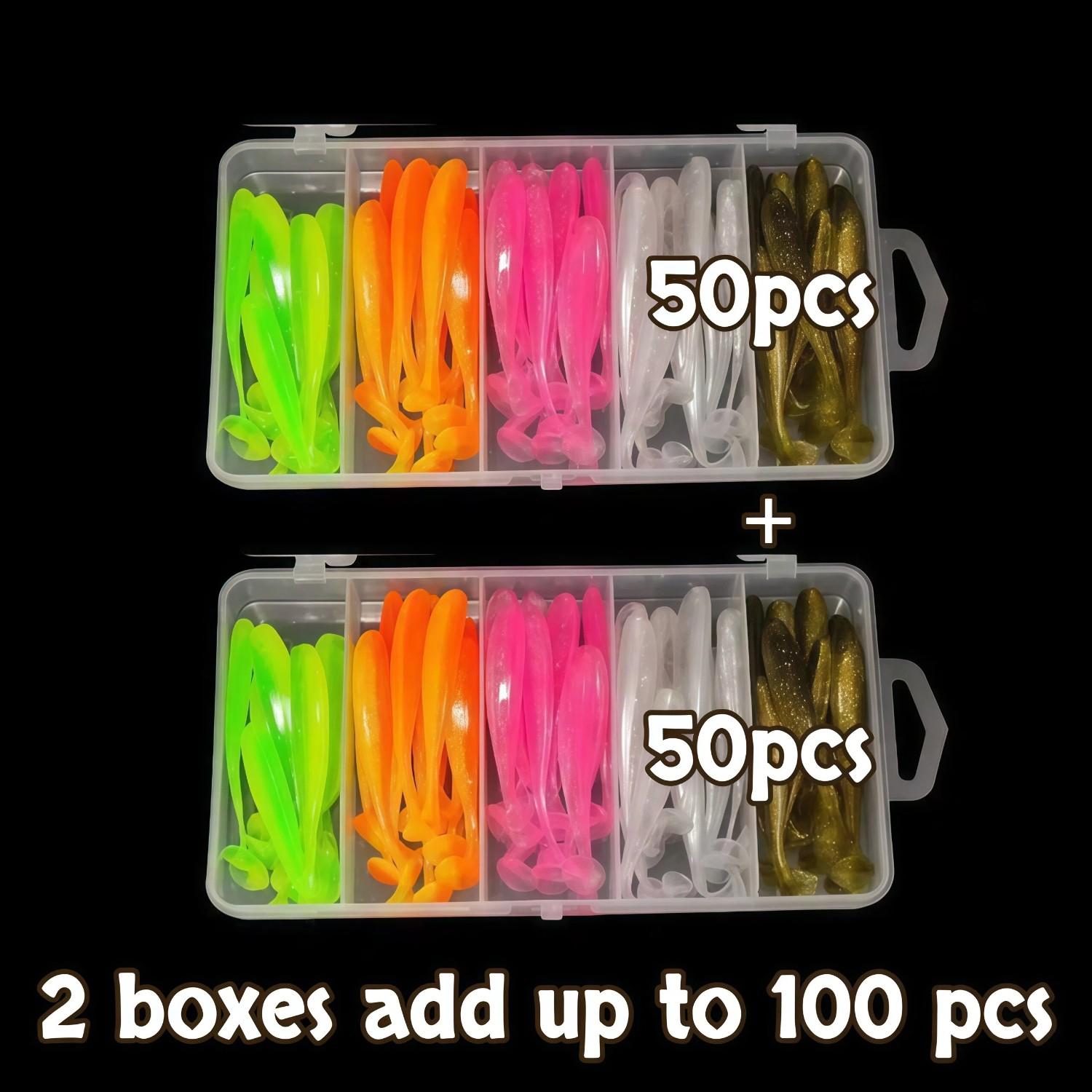 50pcs/100pcs/150pcs Fishing Bait Set, Artificial Fishing Lure, Fishing Lures Kit, Outdoor Fishing T-tail Two-color Bait with Portable Tackle Box, Fishing Tackle Kit