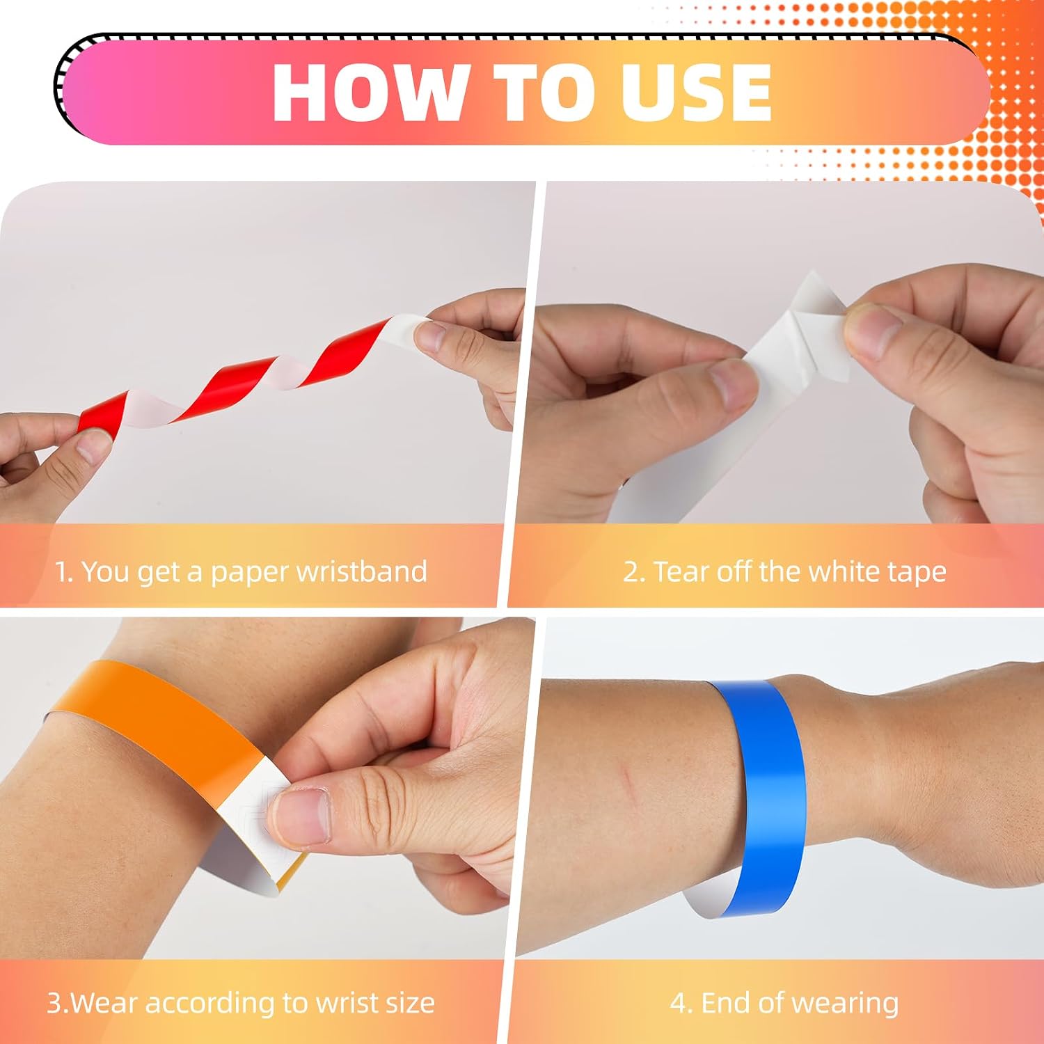 Wristbands Paper Writable, 300-Pack Chromatic Color Disposable Event Bracelets for Concert Festival Party , Bulk Color Coded Wrist Bands for Easy ID,  Proof Admission Control
