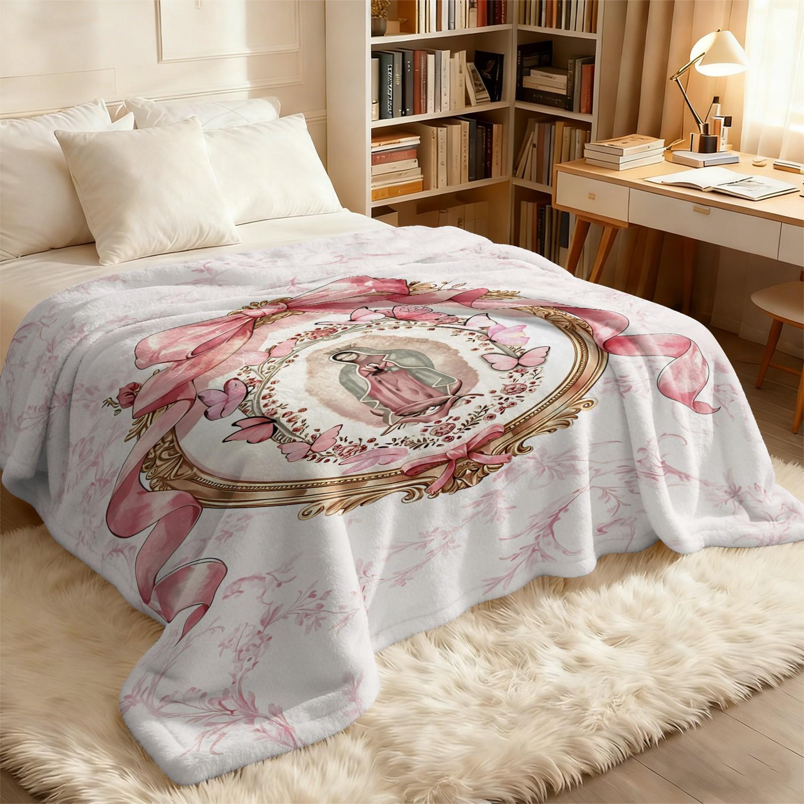 Our Lady of Guadalupe Flannel Throw Blanket, Cozy Warm Fleece Blanket with Pink Bow & Butterfly Print, Soft Plush Gift Blanket for Couch Bed Sofa, Decorative Religious Blanket for All Seasons, Perfect Gift for Friends & Family