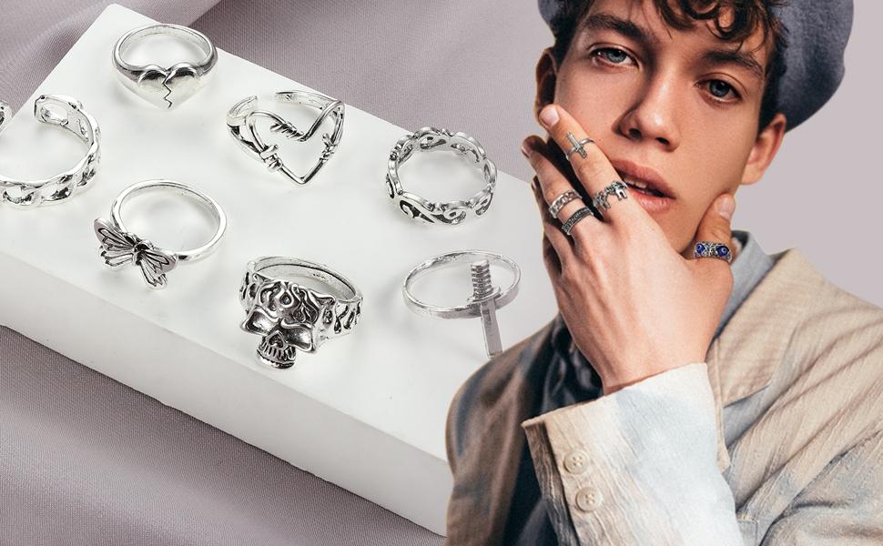 49PCS Vintage Silver Punk Rings Knuckle Rings Set for Men Women Snake Cross Flower Chunky Rings Open Adjustable Goth Punk Hip Hop Cool Midi Stackable Rings Pack