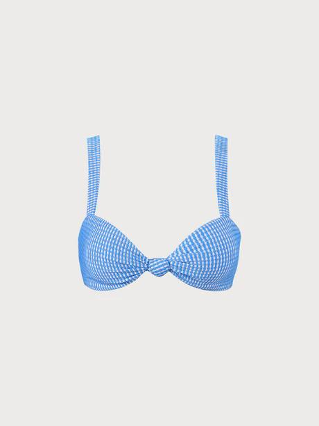 Blue Textured Striped Knot Bikini Top Swimwear Fit