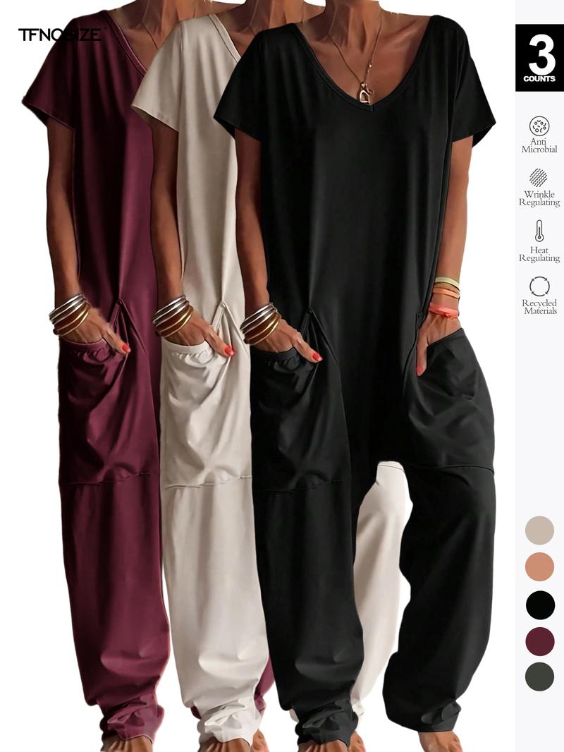 1/2/3 pcs Oversized Women's Harem Jumpsuit, Bohemian Style One-Piece with Side Pockets, Casual Fashion for All-season 2026
