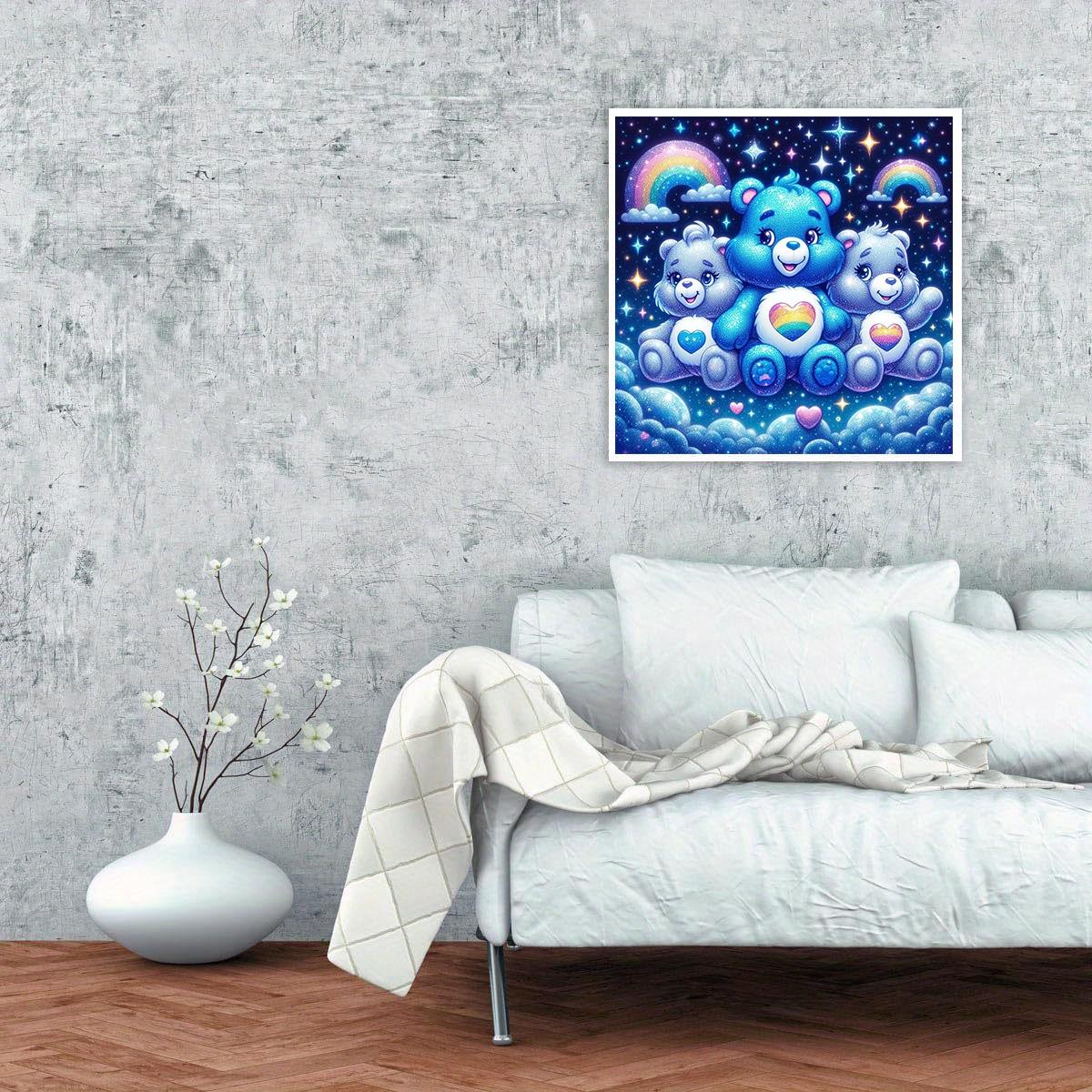 A set of 2D flat frameless handmade DIY diamond painting kit - dreamy starry sky rainbow bear theme with colorful diamonds and heart patterns, ideal for home wall decor and craft enthusiasts to create and enjoy.