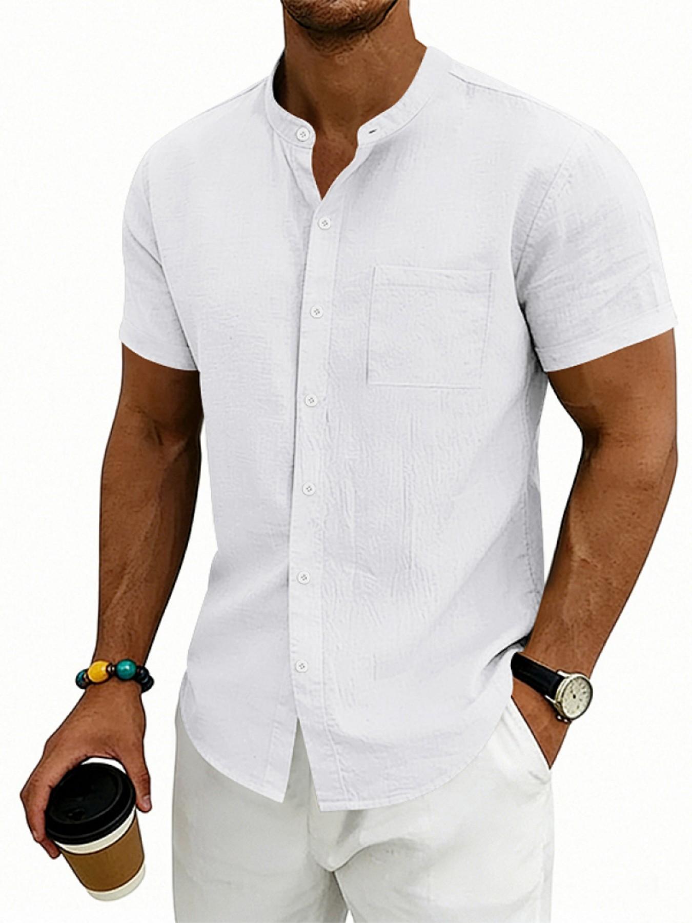 Men's Hawaiian Style Linen Short Sleeve Shirt, Casual Stand Collar Summer Top, Retro Design for Men, Comfortable and Stylish