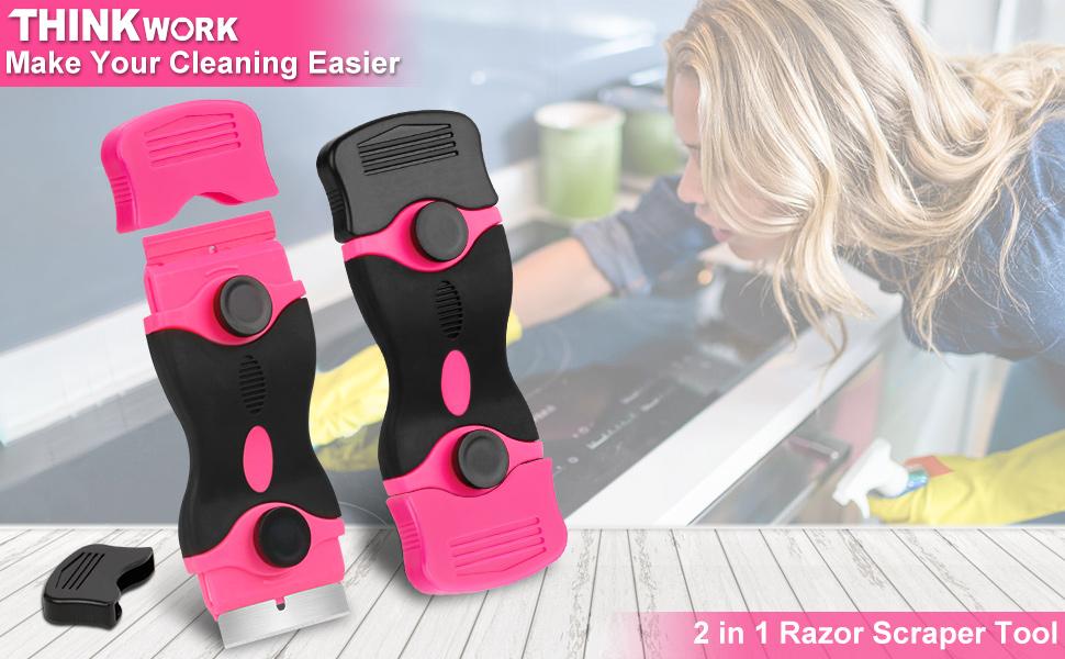 THINKWORK Pink Razor Blade Scraper Tool, Cleaning Razor Scraper for Glass, Glass Top Stove Scraper for Oven Door, Razor Scraper Gift for Women, 2-in-1 Scraper Tool Set with 20Pcs Razor Blades for Removing Window Labels (2 Pack)