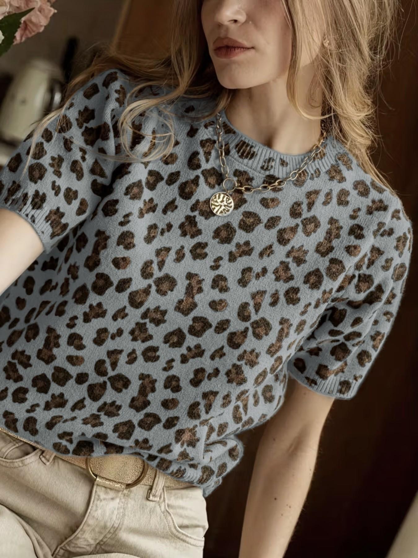 Women's Retro Leopard Print Short Sleeve Knit Sweater, Fall New Round Neck Slim Fit Versatile Commuter Top, Stylish Casual Wear Knitwear
