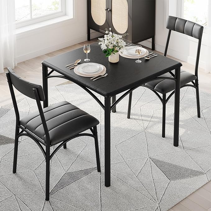 Dining Table Set for 2, Kitchen Table and Chairs for 2 with Upholstered Chairs, 3 Piece Square Kitchen Table Set, Dining Room Table Set for Small Space, Apartment