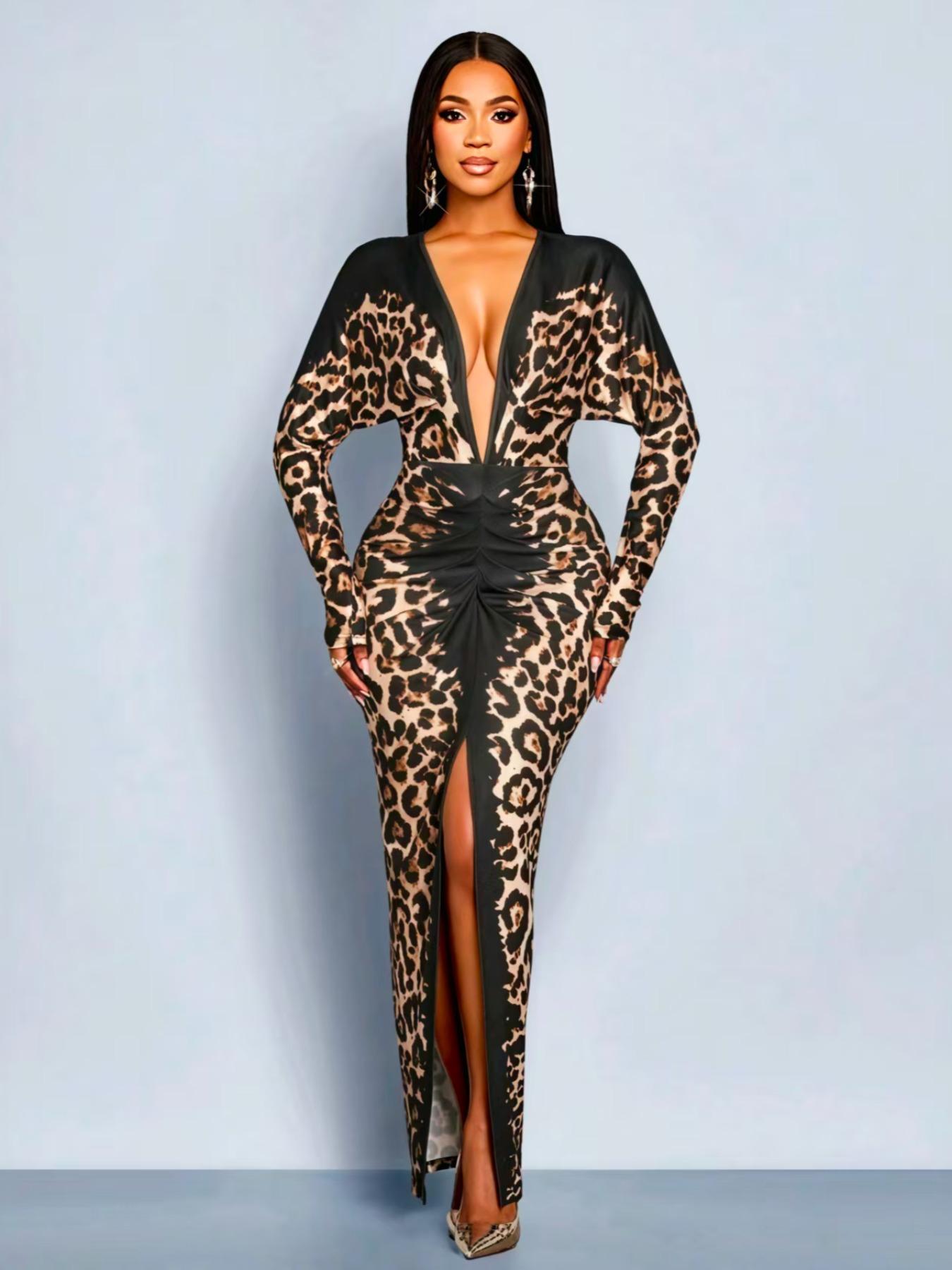 Deep V Leopard Print Patchwork Long Dress Fit, Long Sleeve High Slit Bodycon Skirt, Hot Girl Party Dress A3092 Womenswear