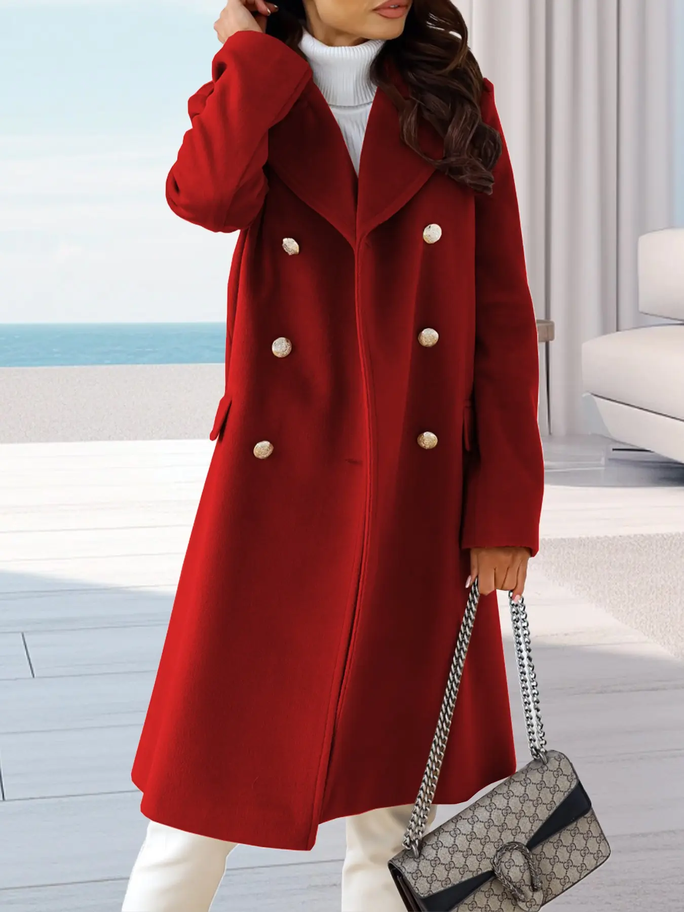 New Fall Winter Women's Solid Color Coat, Medium-Length Straight Fit, Double Button, Large Lapel, Shoulder Decor, Back Split Design, Elegant Fashion Jacket