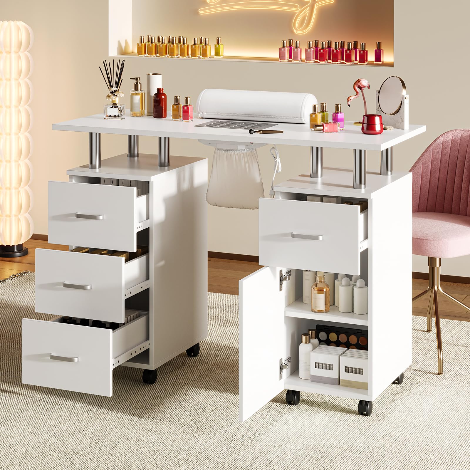 Beauty Salon Resistant with Drawers & Cabinet, Nail Desk Station for Nail Tech with Electric Downdraft Vent & Locking Castors & Wrist Cushion, Manicure Table Nail Desk for Spa Beauty Salon