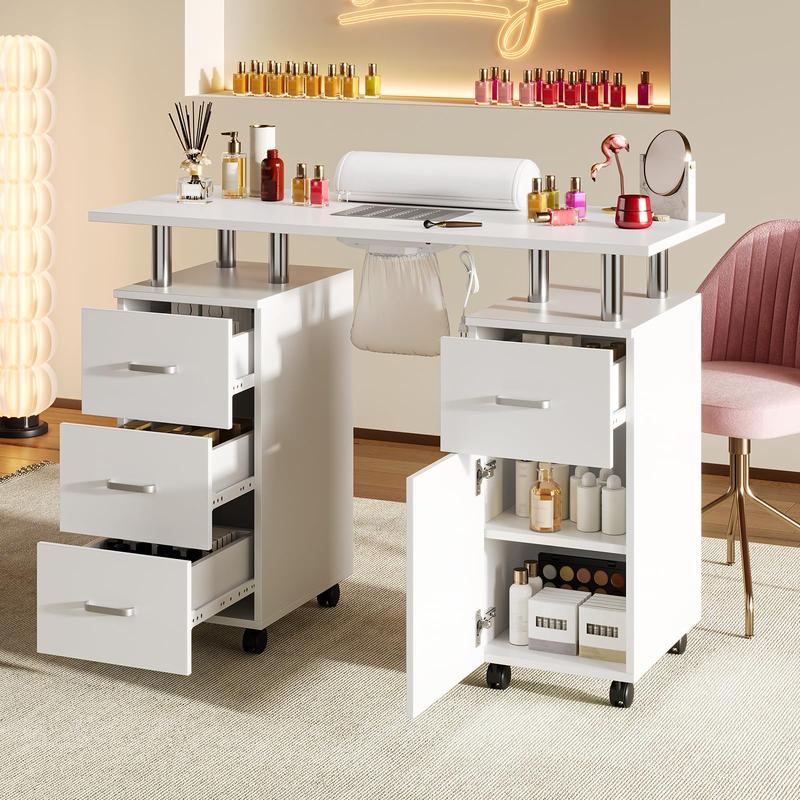 Beauty Salon Resistant with Drawers & Cabinet, Nail Desk Station for Nail Tech with Electric Downdraft Vent & Locking Castors & Wrist Cushion, Manicure Table Nail Desk for Spa Beauty Salon